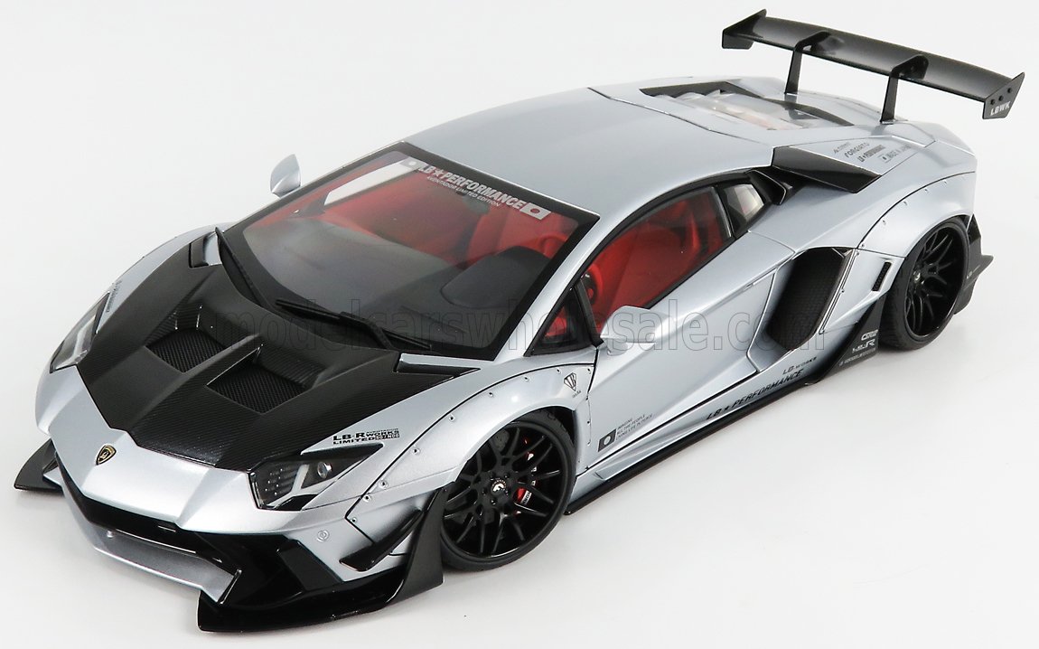 Silver LB-Performance Lamborghini model car with black carbon hood, red interior, and large rear wing available on Vroomi