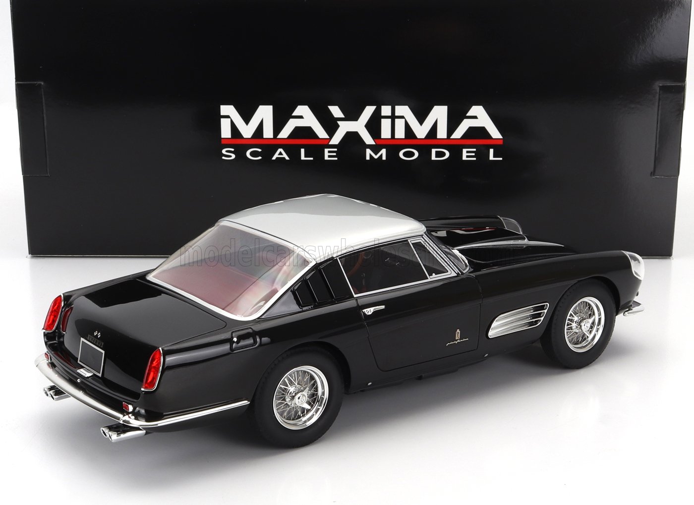 Black and silver classic Ferrari 250 GT scale model car by Maxima displayed with box, now on Vroomi