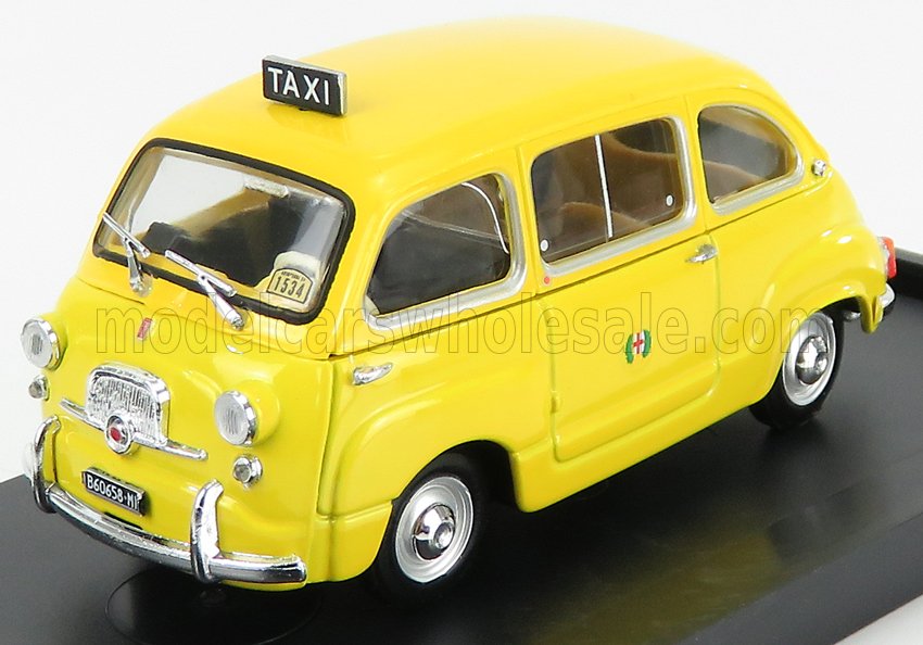 Voiture miniature Fiat 600D Multipla taxi jaune avec enseigne « TAXI » sur le toit, présentée par Vroomi pour les collectionneurs.