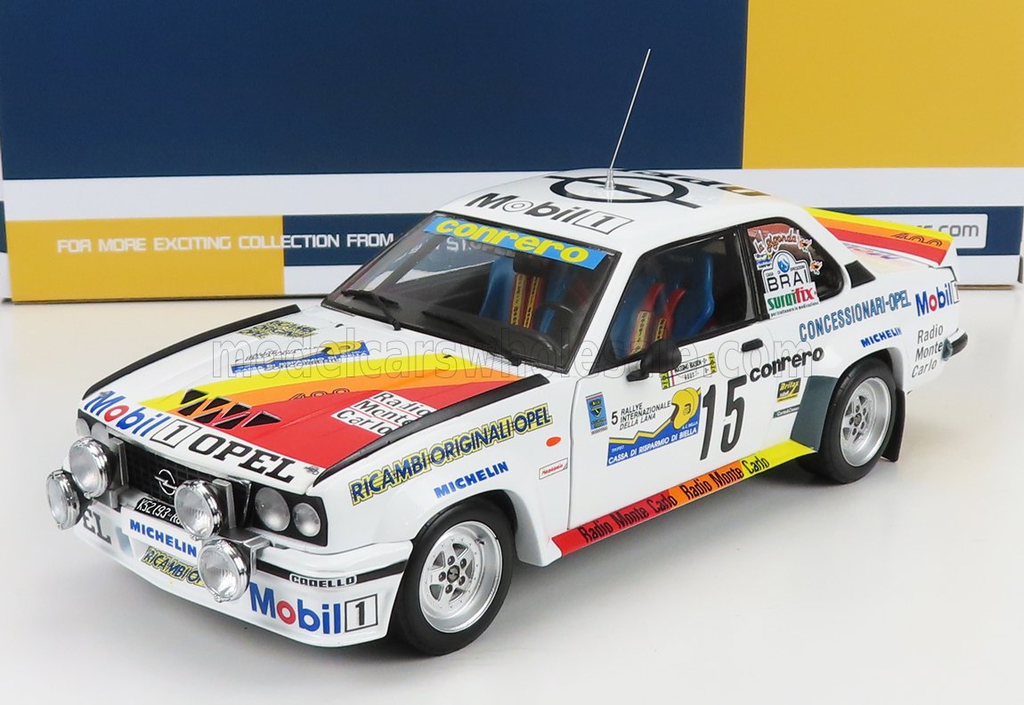 1/18 scale Opel rally car model with racing decals, available for collectors at Vroomi