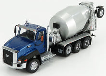 Blue CAT cement mixer truck model with silver drum and detailed features, available on Vroomi platform