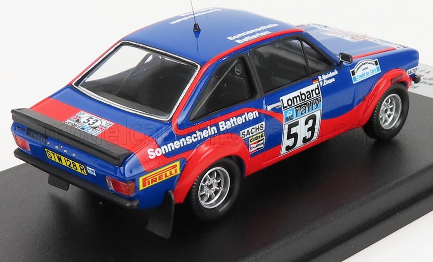 Miniature blue and red Ford rally car model with racing decals, number 53, shown on display stand, offered on Vroomi