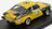 Voiture miniature Opel Kadett GT/E jaune avec décalcomanies de course, présentée sur socle noir chez Vroomi
