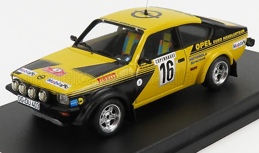 Yellow and black Opel Kadett rally car model with number 16, detailed decals, shown on display available on Vroomi