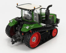 Green toy Fendt 1167 Vario tractor with white roof and red wheels on tracks, available for purchase on Vroomi.