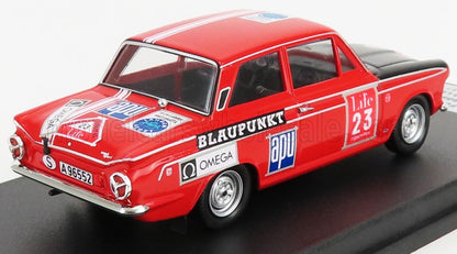 Red 1:43 scale model classic race car with detailed sponsor decals, available for collectors.