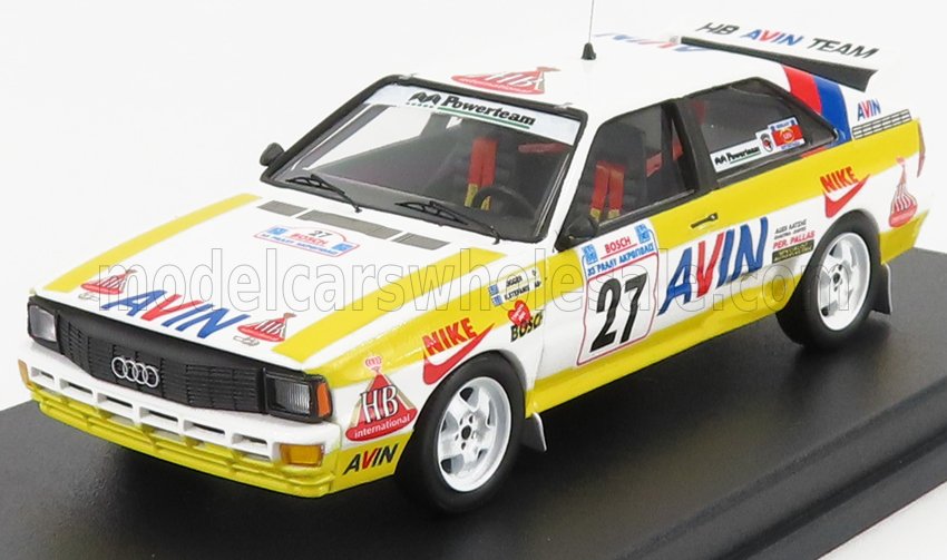 Audi rally car model with AVIN racing livery, number 27, displayed on black stand, available on Vroomi