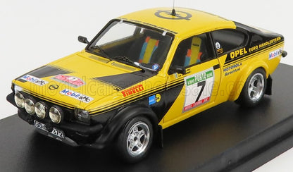 Yellow and black Opel Euro Handlteam rally car model with sponsor decals, featured on an online platform like Vroomi