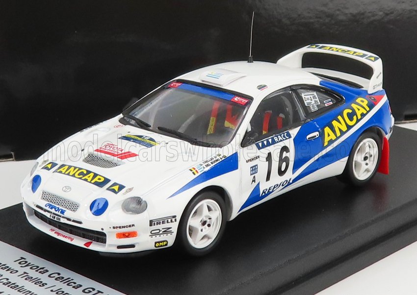 Voiture miniature Toyota Celica GT de rallye blanche et bleue avec décalcomanies ANCAC et Repsol, présentée chez Vroomi
