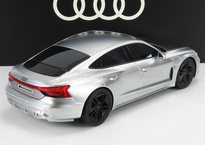 Silver Audi RS e-tron GT model car with black wheels, showcased with Audi logo, available on Vroomi