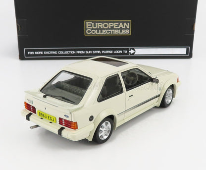1/18 scale white Ford Escort RS model car collectible, available at Vroomi for collectors.