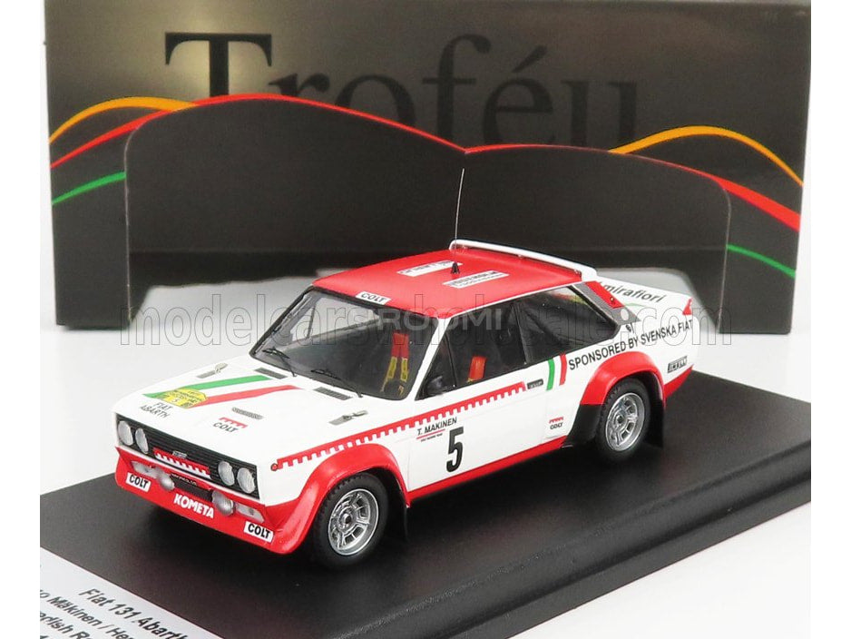 Miniature de la Fiat 131 Abarth de rallye en rouge et blanc avec décalcomanies de course et logos sponsors du Rallye de Suède 1977