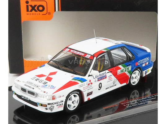 Mitsubishi Lancer Evolution rally scale model car by IXO Models, featuring Lombard and Michelin livery, displayed at Vroomi.