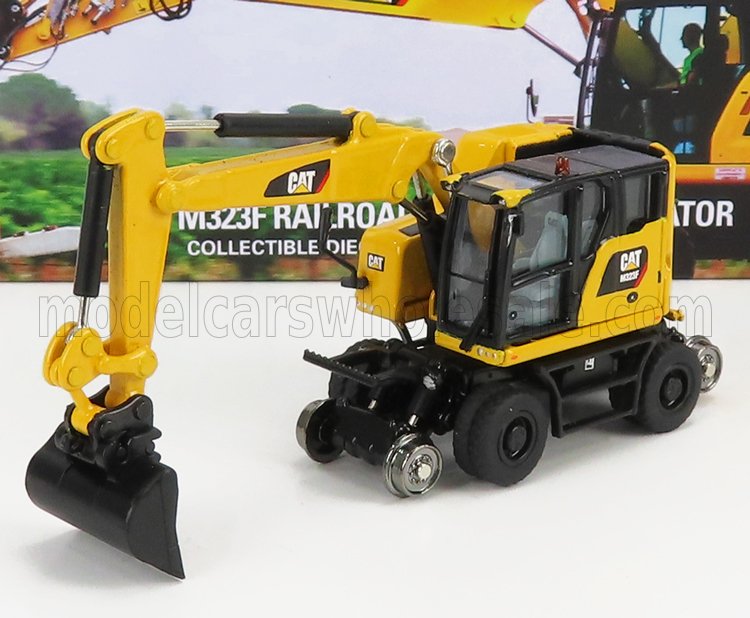 Diecast CAT M323F railroad excavator model with detailed arm and bucket, available on Vroomi platform