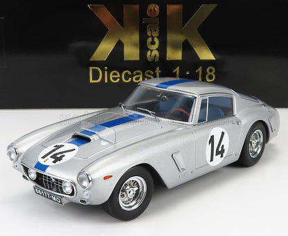 Silver 1:18 scale diecast classic race car model with number 14 and blue stripe now available on Vroomi