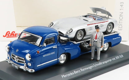 MERCEDES BENZ - RACING CAR TRANSPORTER TRUCK RENNWAGEN 1955 WITH 300 SLR SPIDER - BLUE SILVER - Vroomi