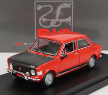 Red and black vintage Fiat model car on display stand available through Vroomi