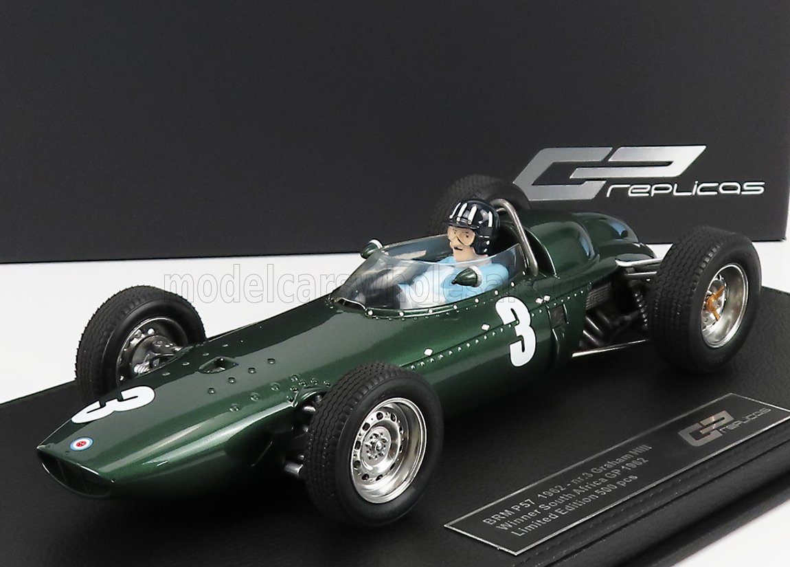 Green BRM P57 1962 race car model with driver figure, displayed on black base, offered via Vroomi