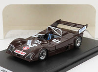 Modellino in scala 1:43 marrone con decalcomanie ALFCAR e Sacor, esposto su base nera — Vroomi