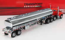 Red cab with shiny silver tanker trailer model on white surface, part of Transport Series, available on Vroomi