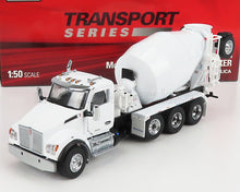Detailed white Kenworth cement mixer truck model 1:50 scale from Transport Series, also on Vroomi