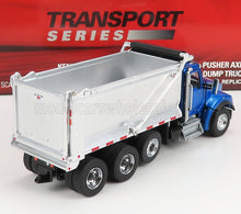 Blue and silver dump truck model from Transport Series with tri-axle wheels, available on Vroomi marketplace