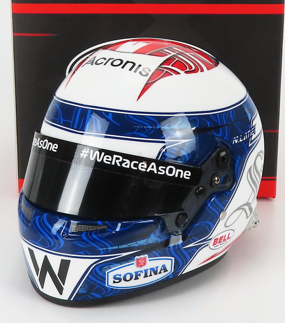 N. Latifi F1 helmet scale model car collectible by Vroomi, featuring Acronis, Sofina, and #WeRaceAsOne branding.