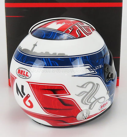 Scale model car helmet with red, white, and blue design, featuring Bell branding and Vroomi collection.