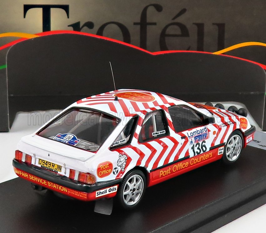 1:43 scale Ford Sierra RS500 rally model in red and white Post Office livery, available on Vroomi