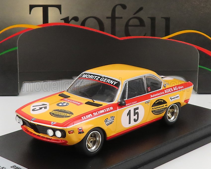 Die-cast BMW race car model with number 15 livery, yellow and red, now offered at Vroomi.