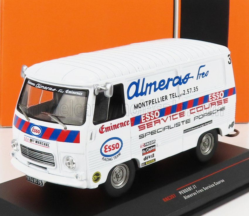 Voiture miniature Peugeot J7 blanche avec livrée Esso Almeras Frères, exposée sur socle de collectionneur Vroomi