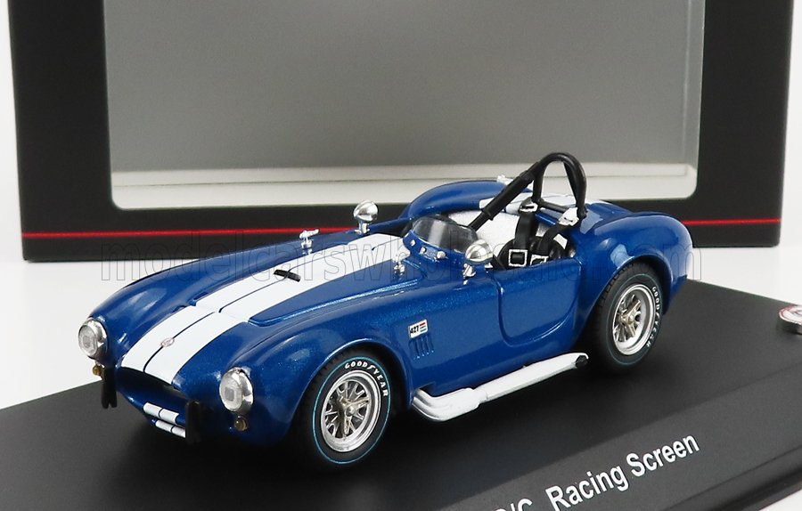 Detailed blue Shelby Cobra 427 model car with white racing stripes, showcased on Vroomi platform