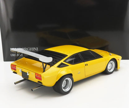 Yellow Lamborghini Urraco scale model car with rear wing, collectible replica available at Vroomi