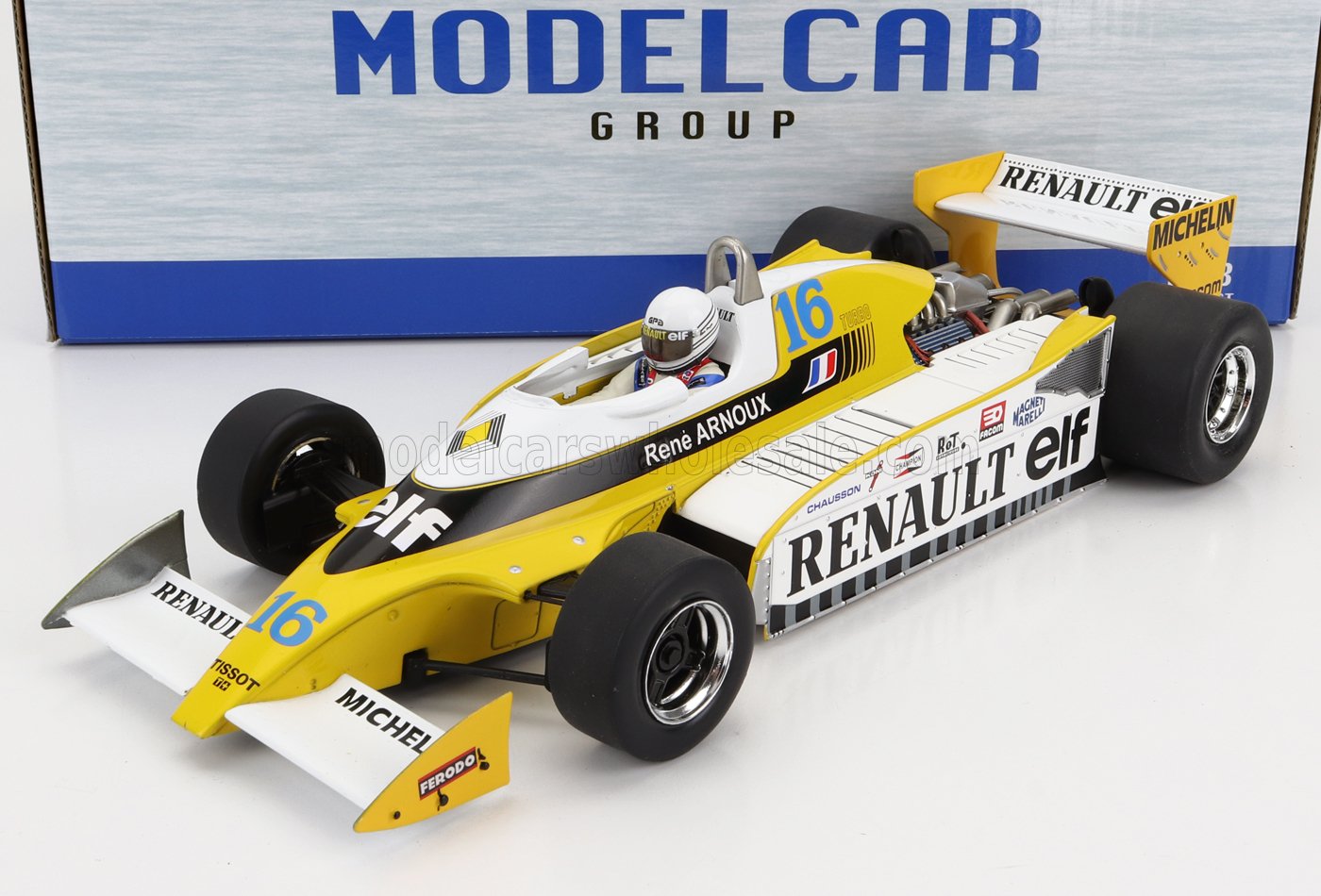 Renault Elf yellow and white vintage Formula 1 model car with number 16 and driver figure, available at Vroomi