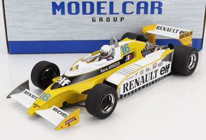 Renault Elf yellow and white vintage Formula 1 model car with number 16 and driver figure, available at Vroomi