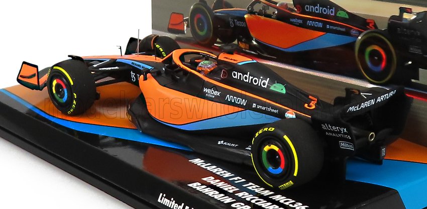 McLaren F1 Team MCL36 car model with Daniel Ricciardo Bahrain livery, collectible available on Vroomi