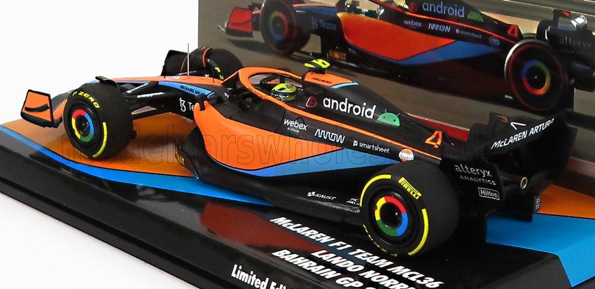 Coche a escala McLaren F1 Team MCL36 de Vroomi, réplica del GP de Baréin en edición limitada con vistosa decoración