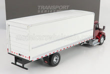 Detailed red cab white box truck model from Transport Series, showcased with option on Vroomi