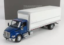 Blue box truck model with white cargo area on display, available on Vroomi