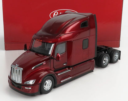 Red Peterbilt semi truck model with sleeper cab, detailed chrome accents, sold on Vroomi