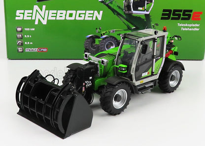 Detailed scale model of Sennebogen 355E telescopic handler with grab bucket, available at Vroomi