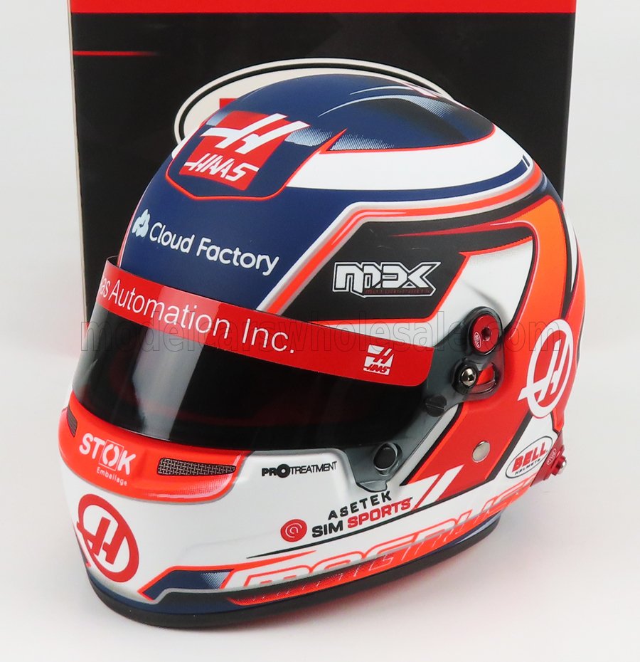 Haas F1 team helmet scale model car replica by Vroomi, featuring Cloud Factory and Bell branding