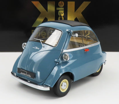 Blue BMW 250 Isetta vintage microcar model with black roof, displayed on white surface, available on Vroomi
