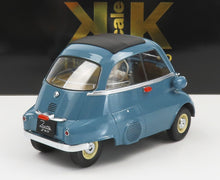 Blue 1957 Isetta 250 microcar model with black roof, detailed rear view, offered on Vroomi