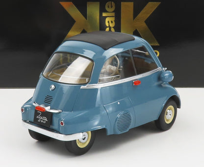 Blue 1957 Isetta 250 microcar model with black roof, detailed rear view, offered on Vroomi