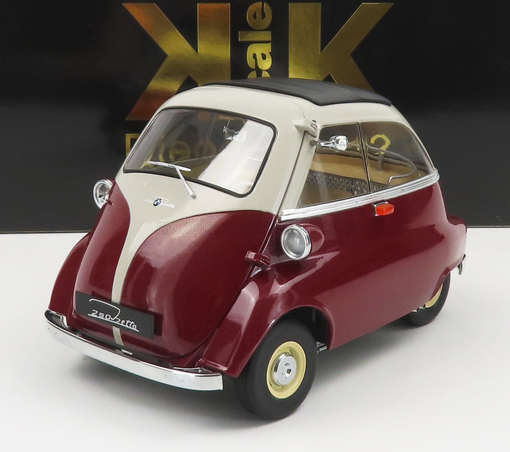 BMW Isetta 250 classic microcar model in maroon and cream, featured as exclusive on Vroomi