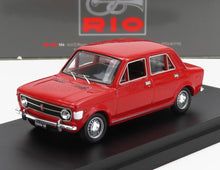 Red classic Fiat 128 model car on display stand, offered via Vroomi platform