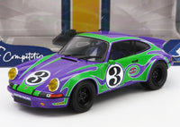 Coche a escala Porsche 911 RSR morado y verde de Martini Racing de Vroomi, con el número 3 y decoración clásica.