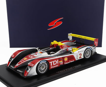 AUDI - R10 TDI 5.5L TURBO V12 TEAM AUDI SPORT NORTH AMERICA N 2 WINNER 24h LE MANS 2008 RINALDO CAPELLO - TOM KRISTENSEN - ALLAN McNISH - CON VETRINA - WITH SHOWCASE - SILVER RED YELLOW