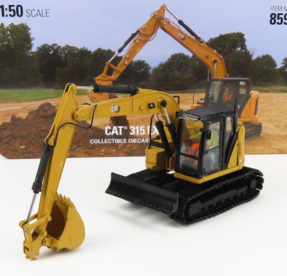 1:50 scale CAT 315 excavator diecast model with detailed cabin and bucket on white surface, available at Vroomi